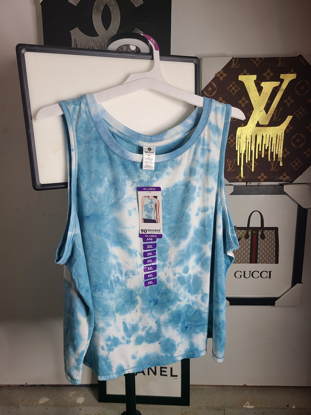 90 Degree By Reflex Light Blue Tie-Dye Cold Shoulder Tank Top